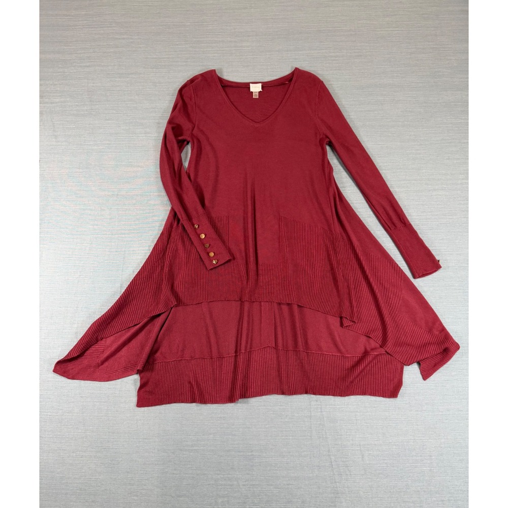 Cupio Burgundy Red V-Neck Sharkbite Tunic Sweater Gold Heart Button Detail Small